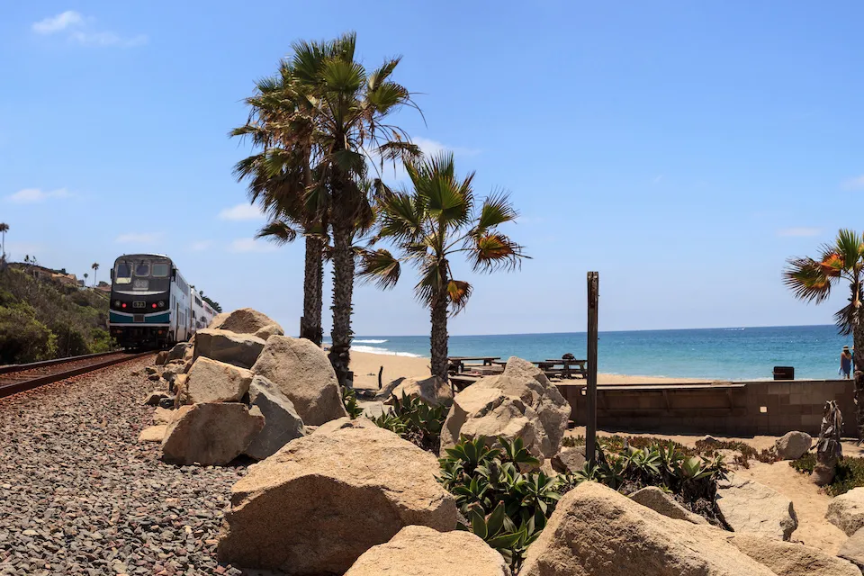 Amtrak train on Southern California coast.